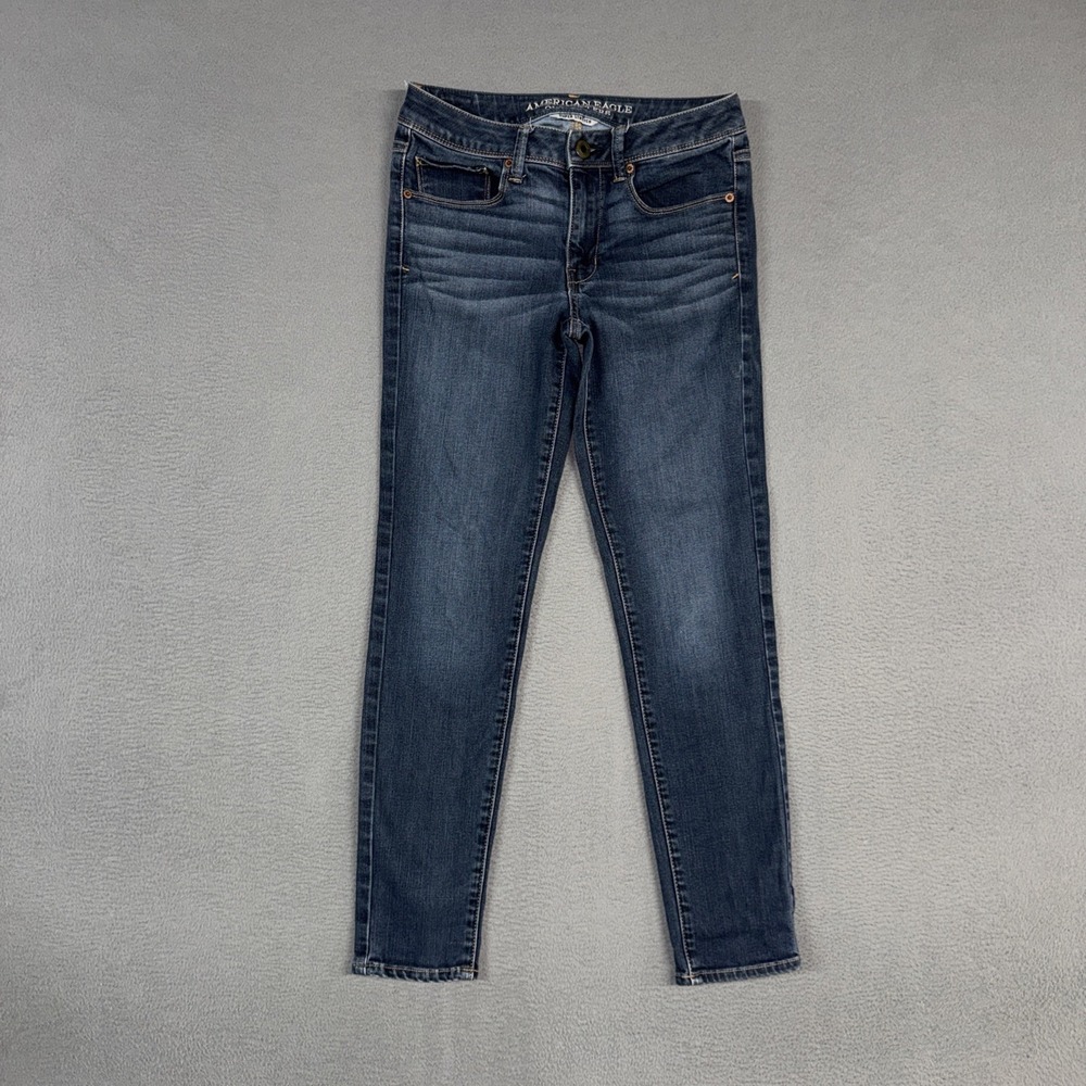 American Eagle Jeans Womens 6 Blue Mid Rise Super Skinny Distressed Denim Cotton